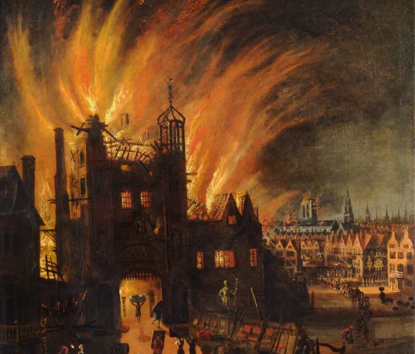 Oil painting of the Great Fire of London around 1670, with Ludgate in flames and Old St Paul's beyond