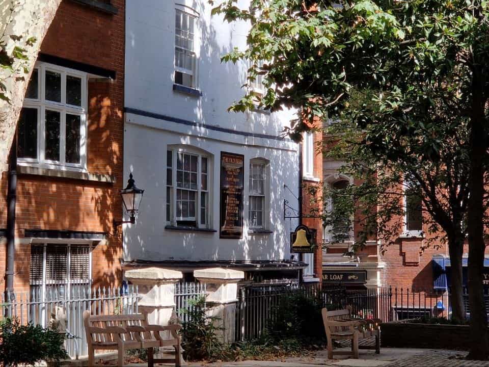 The Old Bell Tavern at 95 Fleet Street, seen from St Bride's Church